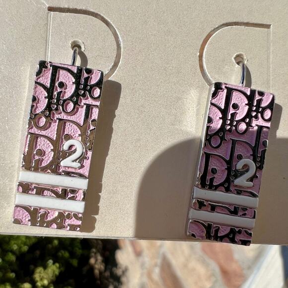 Christian Dior Vintage y2k Girly Pink Trotter Logo 2000s Dangle Earrings - Picture 2 of 6